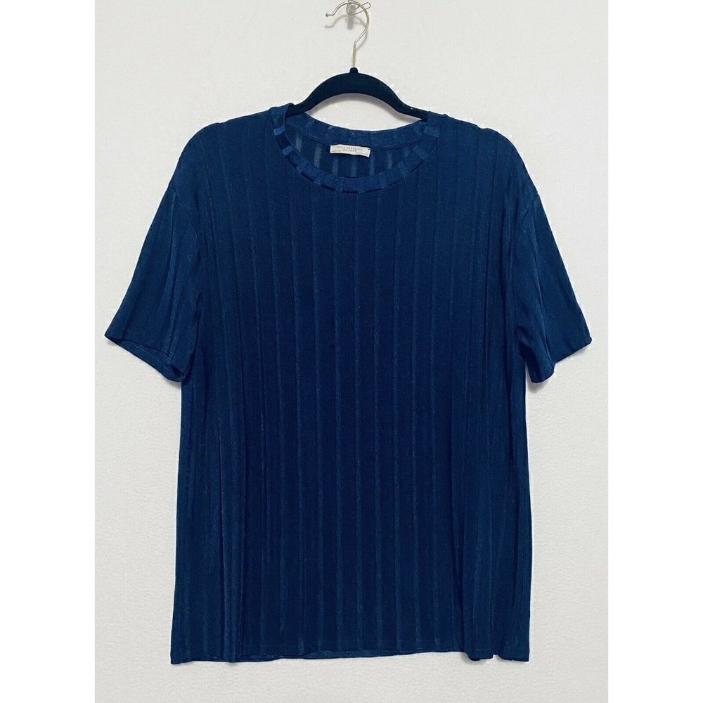 Zara Top Womens Medium Blue Ribbed Crew Neck Short Sleeve Shiny Boho
